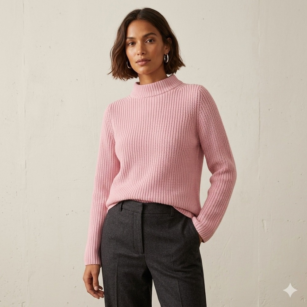 Talbots Petite Pink Shaker Stitch Mock Neck Cotton Pullover Sweater LP